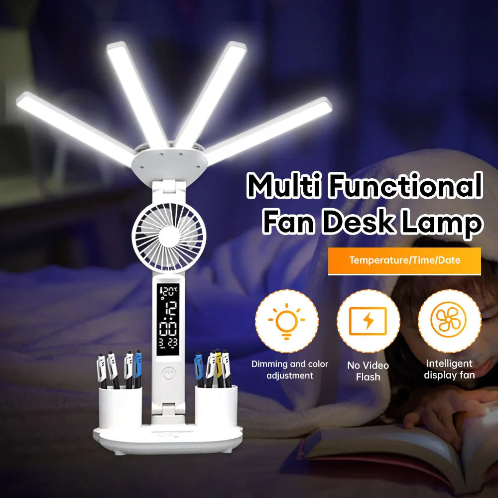 3 in 1 Folding Table Lamp with Fan Clock Calendar Rechargeable Reading Lamp Touch Dimming Night Light Eye Protection Desk Light